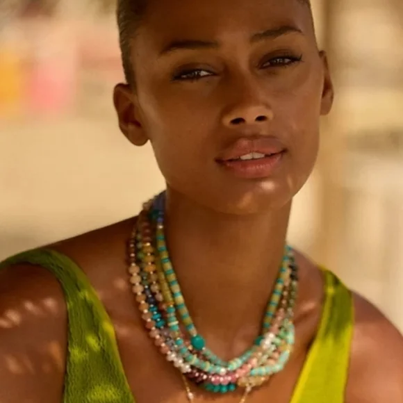 NEW!! Anthropologie Rainbow Multicolor Beaded Stones Gold Plated Necklace - Picture 5 of 7